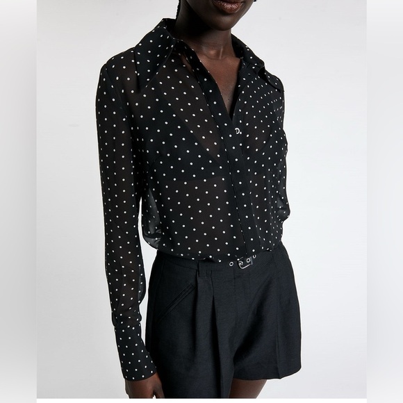 Forever 21 Tops - Forever 21 Black Sheer Metallic Silver Polka Dot Button Down Blouse- Medium